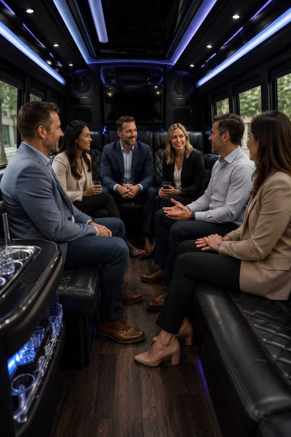 Luxury Limousine Interior with Business Group Business professionals enjoying a ride in a luxury limousine interior.