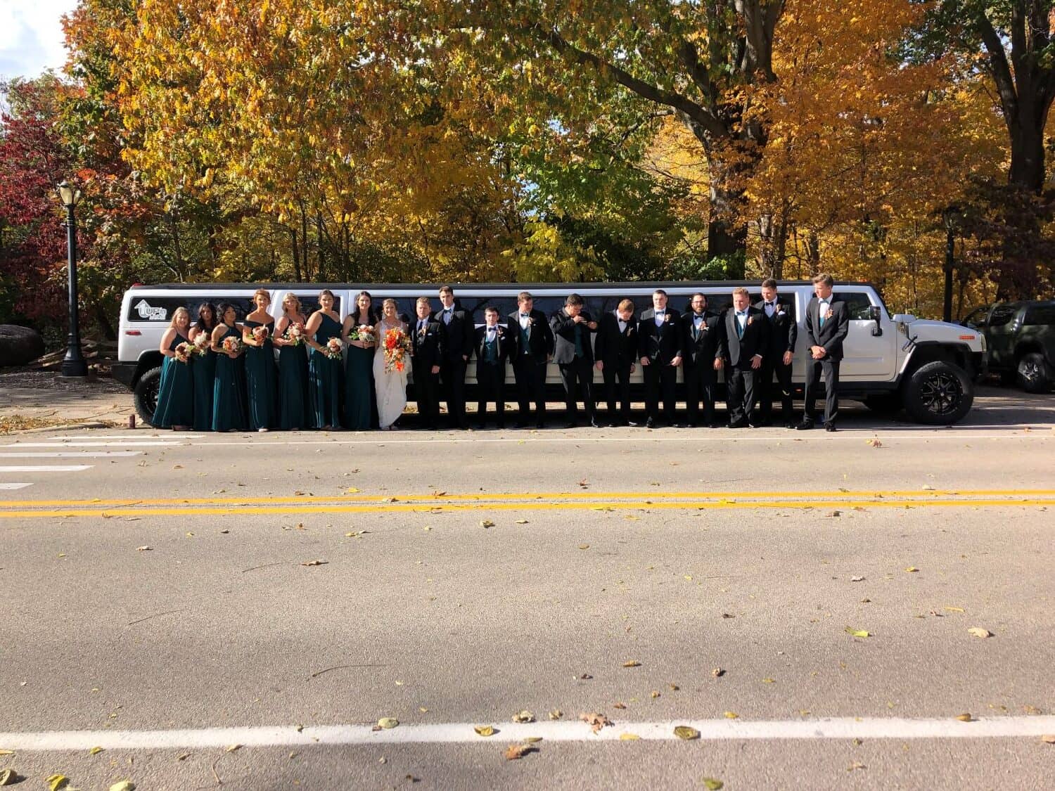 Luxury Limousine Wedding Party Wedding party with a limousine on a fall day in a park.