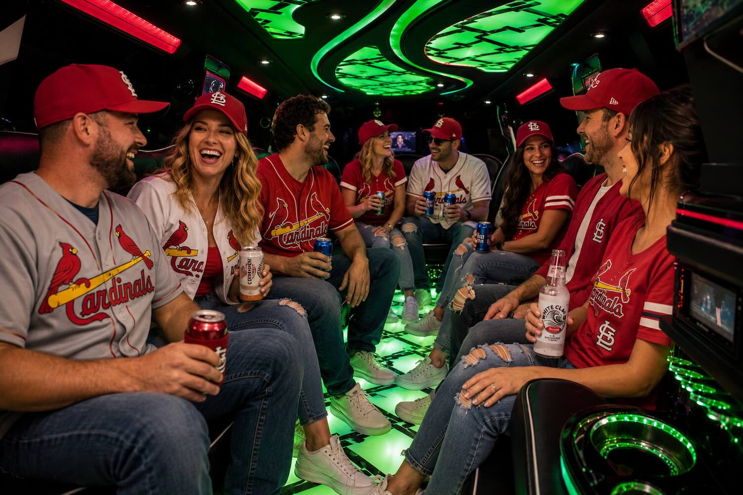 1UPN-Sports-Trip-Cardinals Luxurious limousine interior with neon purple and green lighting and plush seating.