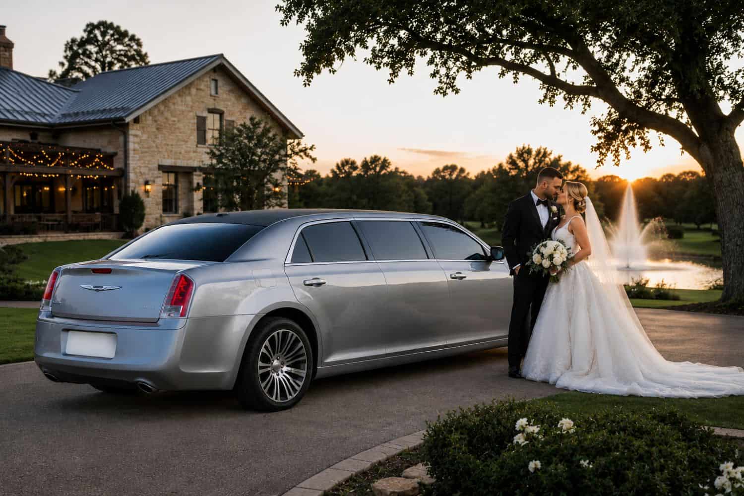 Luxury Wedding Limousine Service Elegant wedding couple with limousine at sunset for special event.