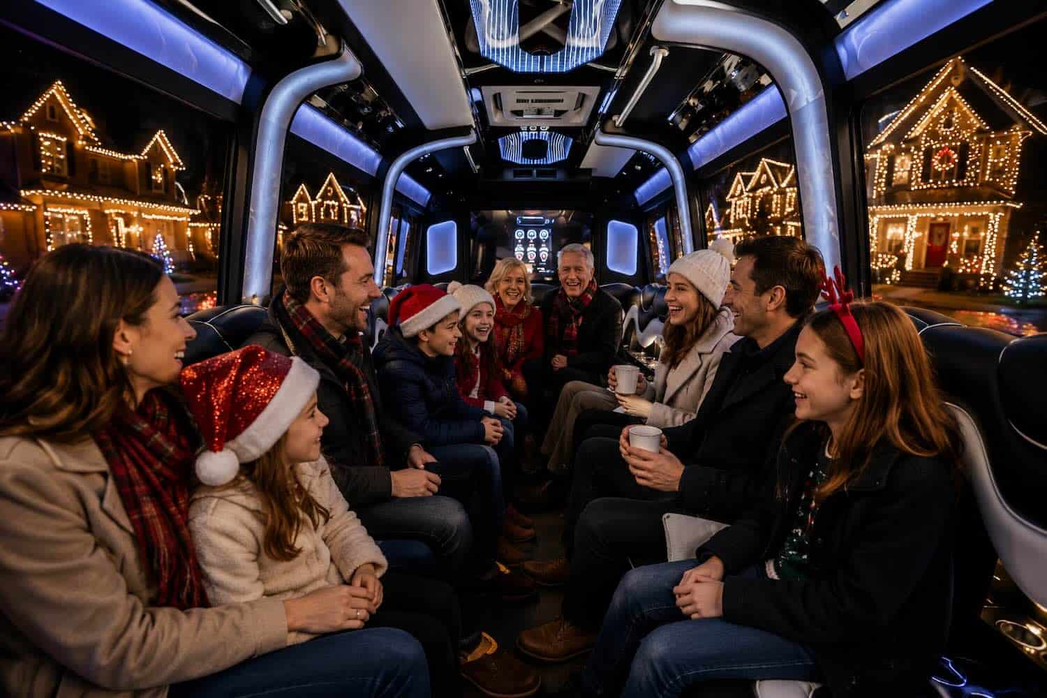 Holiday-Lights-Tour Bus interior decorated for Christmas with garlands, ornaments, and holiday lights.