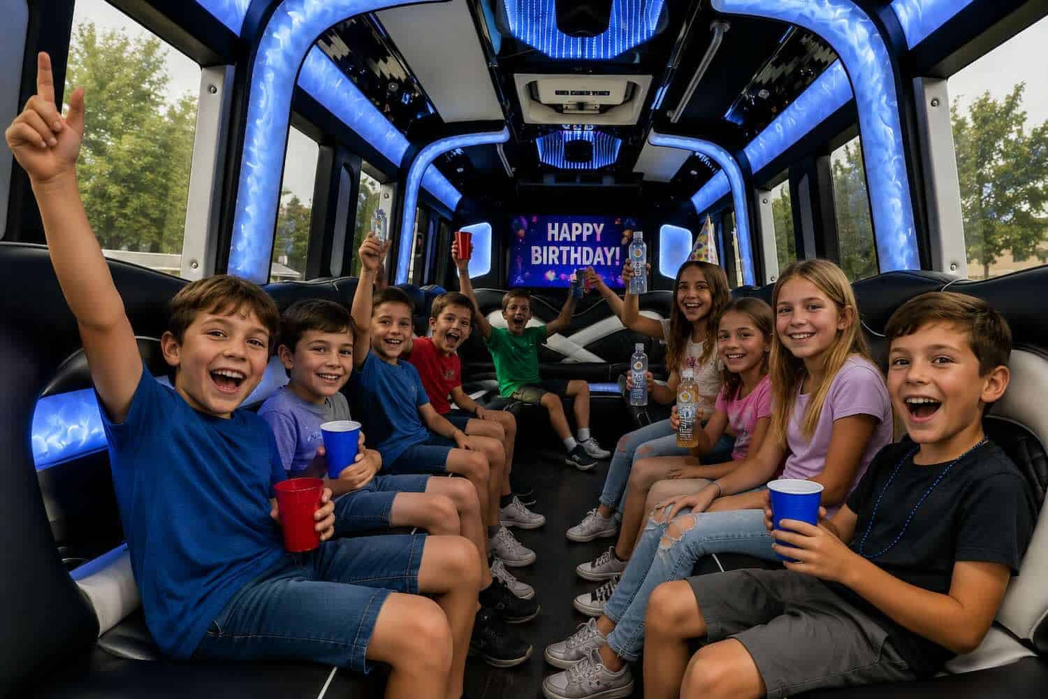 Limo-Kids-Birthday-Party Group of children and adult in front of a limousine at 1Up'n Limousines.